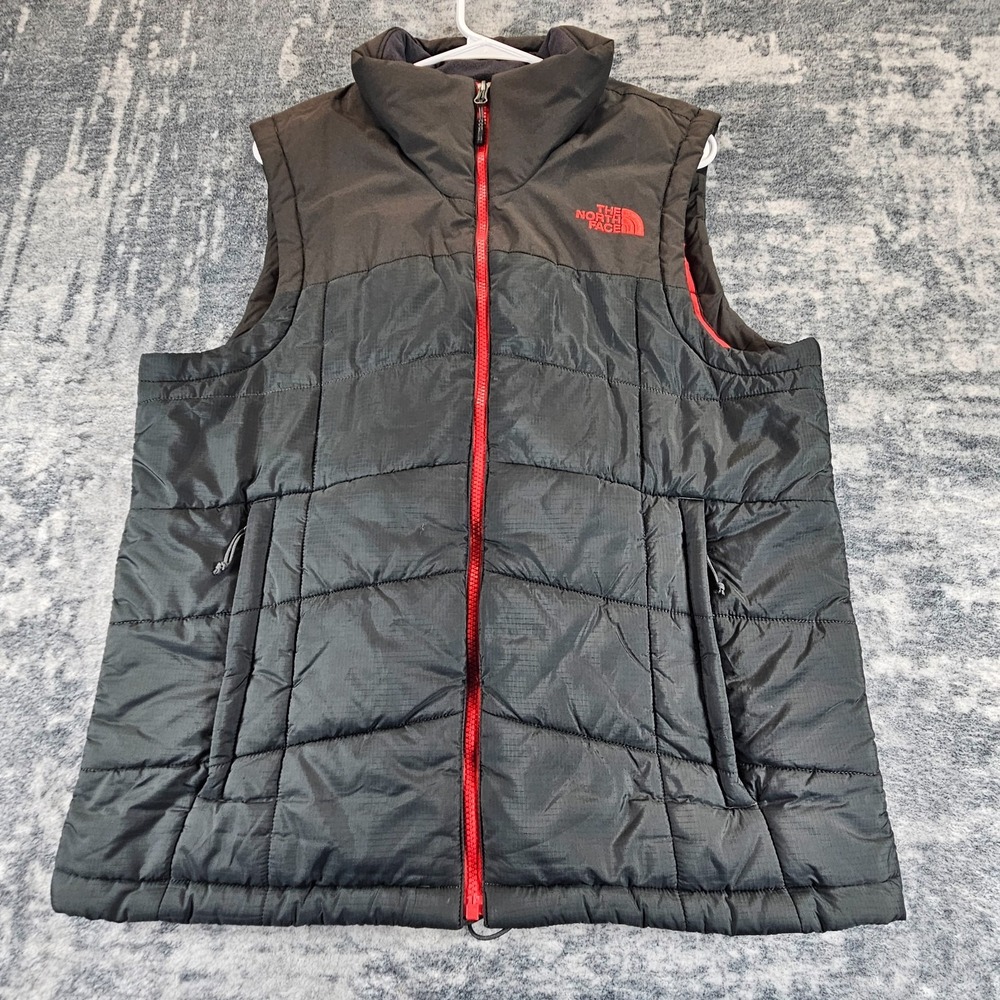 The North Face Vest Mens Medium Dark Grey Red Puffer Full Zip Outdoor Insulated